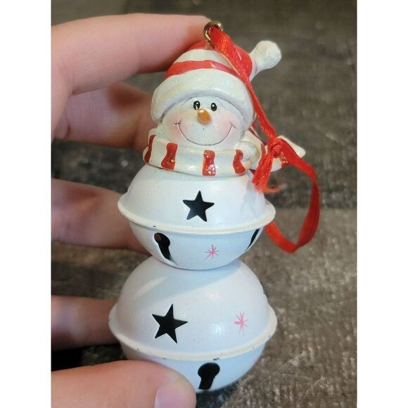 Metal Bell snowman Stars red striped ornament Xmas decor - Picture 1 of 5